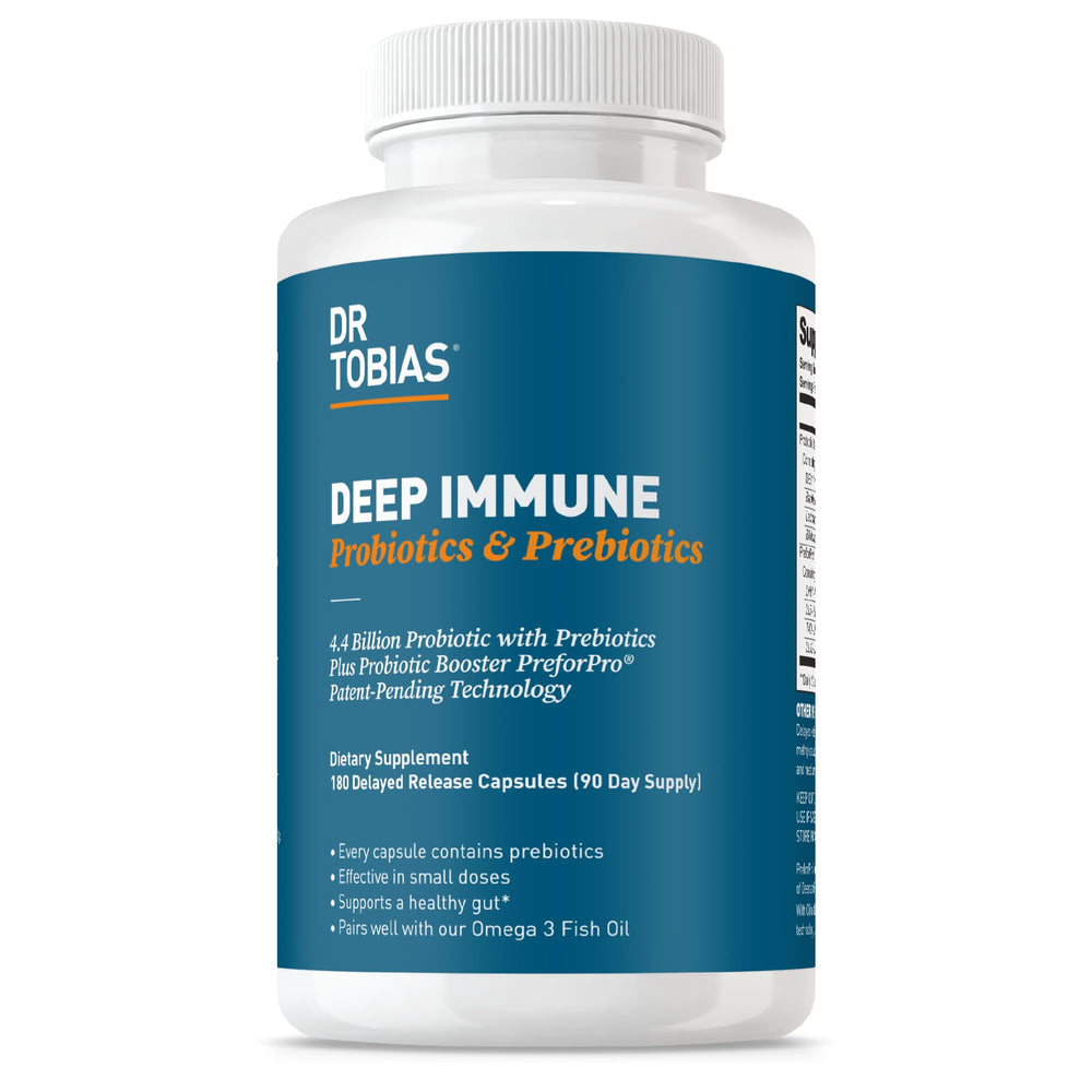 Dr. Tobias Deep Immune Probiotics bottle for daily gut and immune support.