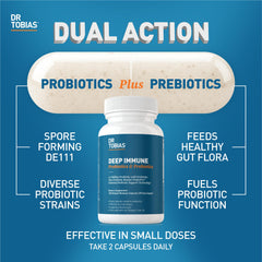 Dr. Tobias Deep Immune Probiotics capsules close-up promoting easy digestion.