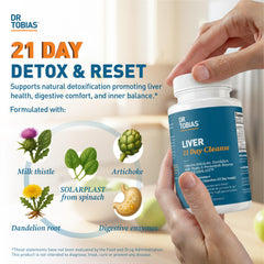 Dr. Tobias Liver 21 Day Cleanse bottle cap closeup highlighting capsule count.