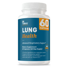 Dr. Tobias Lung Health bottle showing easy-to-swallow capsules for respiratory support.