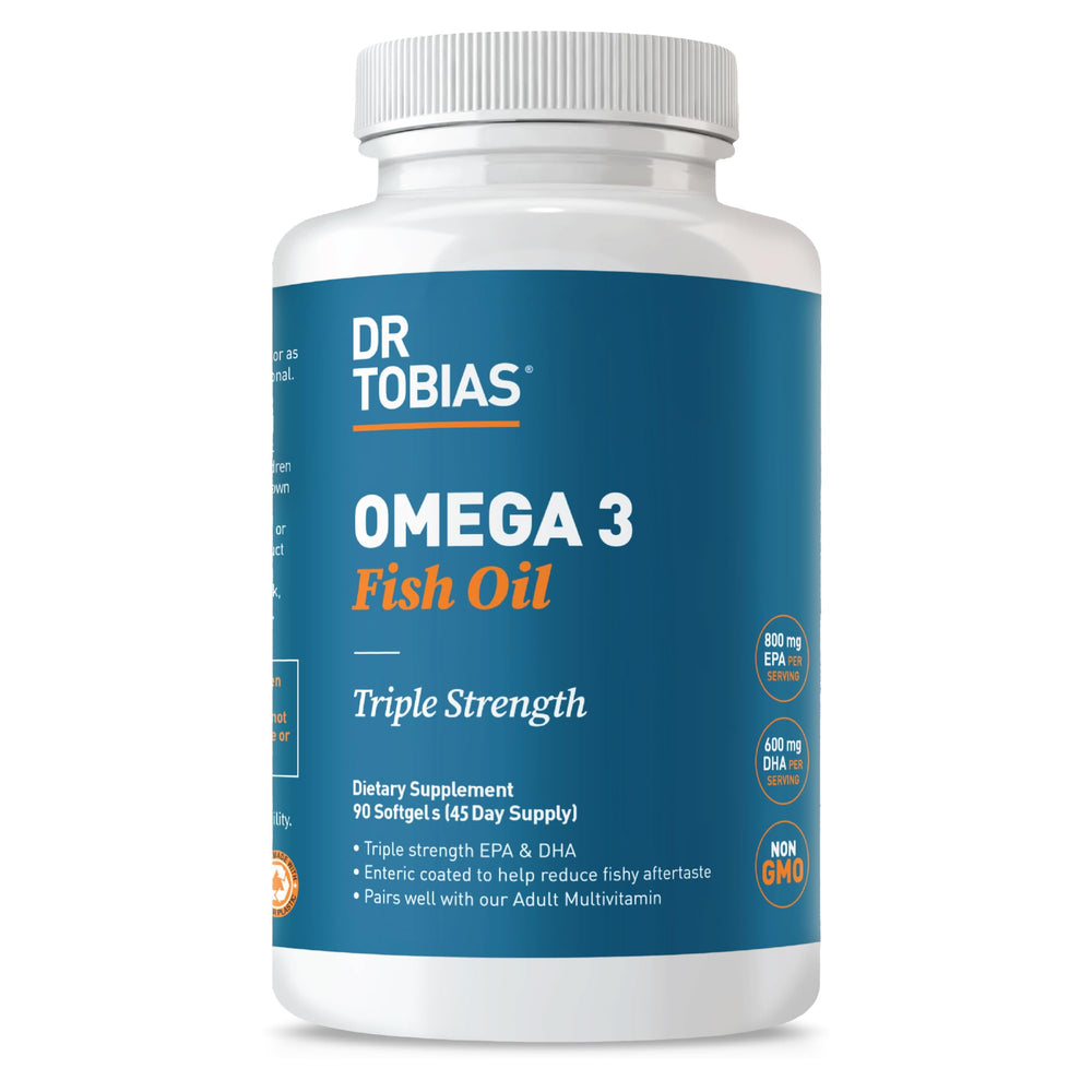 Dr. Tobias Omega 3 bottle front shows compact packaging for daily wellness.
