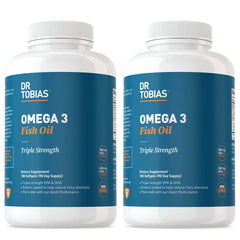 Dr. Tobias Omega 3 triple-strength bottle on shelf emphasizing potent formula for daily use.