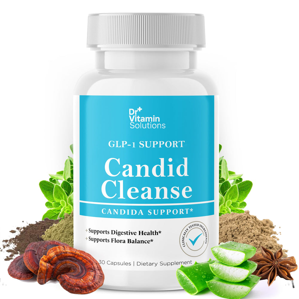 DR VITAMIN SOLUTIONS Candid Cleanse bottle on shelf supports daily gut balance.