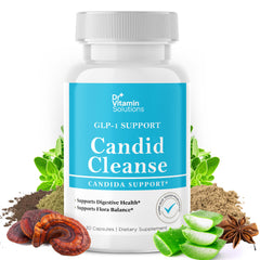 DR VITAMIN SOLUTIONS Candid Cleanse bottle on shelf supports daily gut balance.