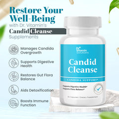 DR VITAMIN SOLUTIONS Candid Cleanse LactoSpore probiotic capsule emphasizes gut flora balance.