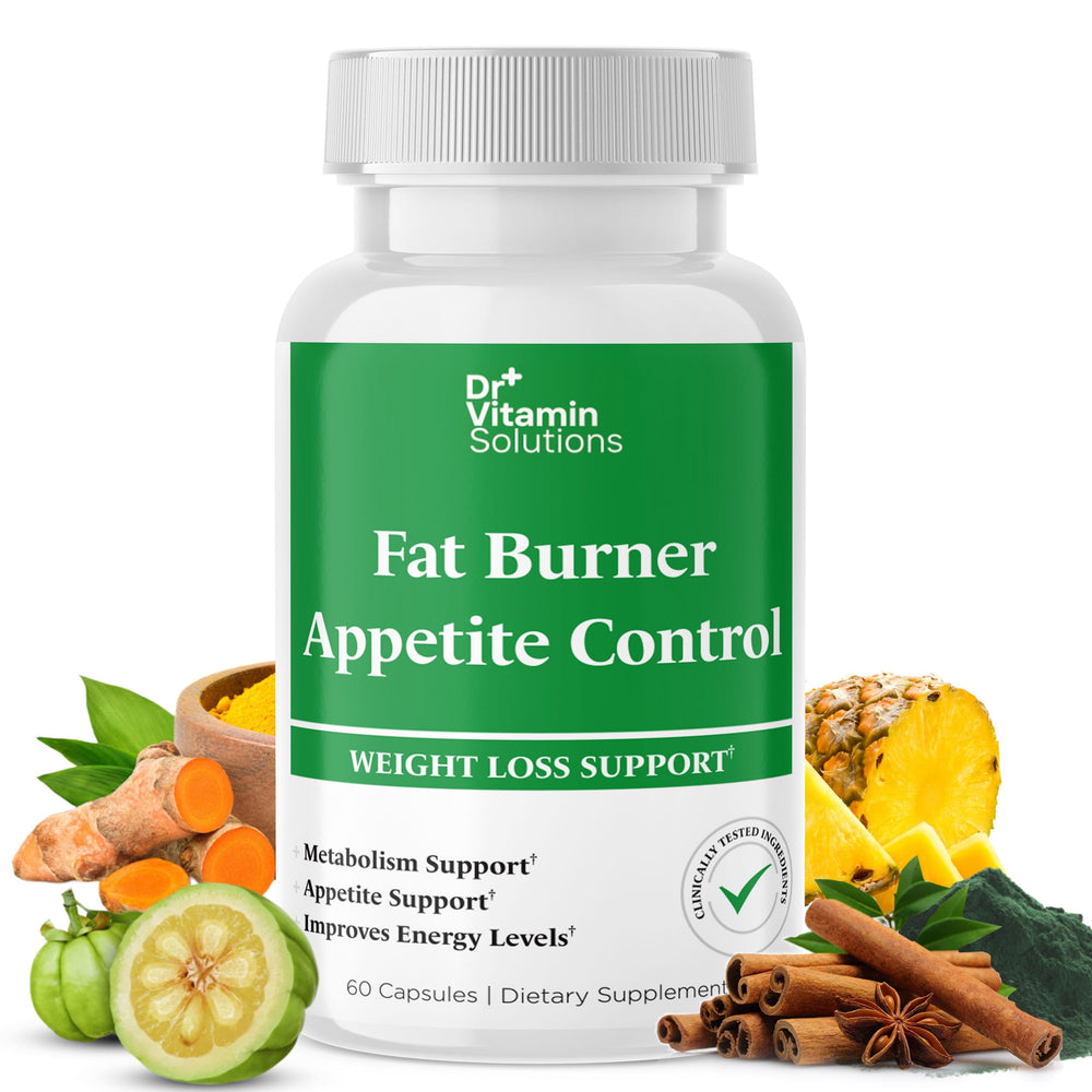 DR VITAMIN SOLUTIONS fat burner bottle showcasing packaging for energy support