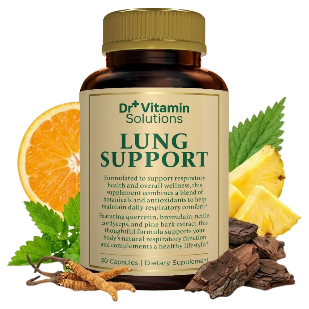 DR VITAMIN SOLUTIONS Lung Detox bottle cap for daily breathing support.