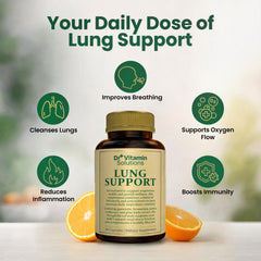 DR VITAMIN SOLUTIONS Lung Detox ingredients label highlighting Vitamin C and Quercetin benefits.