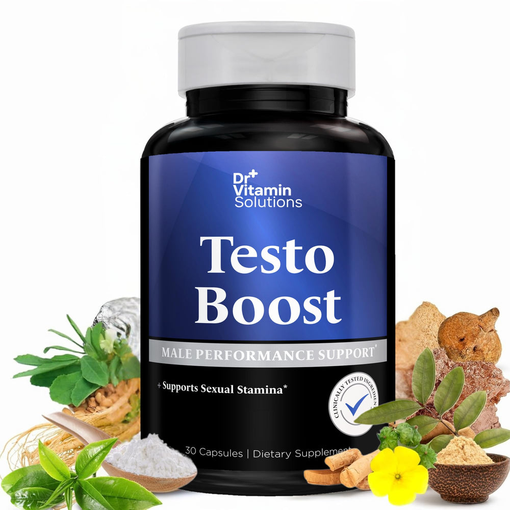 DR VITAMIN SOLUTIONS TestoBoost bottle with label for convenient daily energy support
