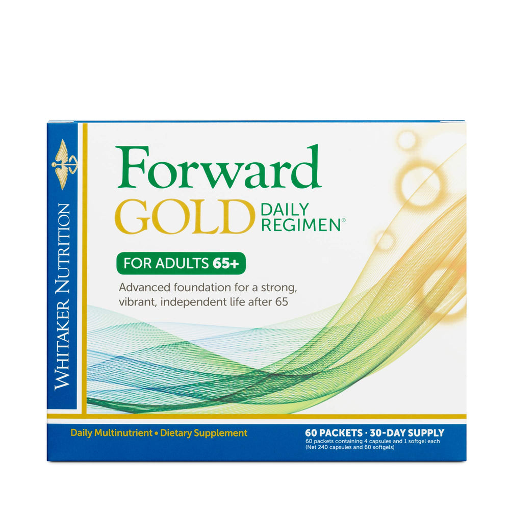 DR.WHITAKER Forward Gold bottle on a kitchen counter signaling daily nutrient support.