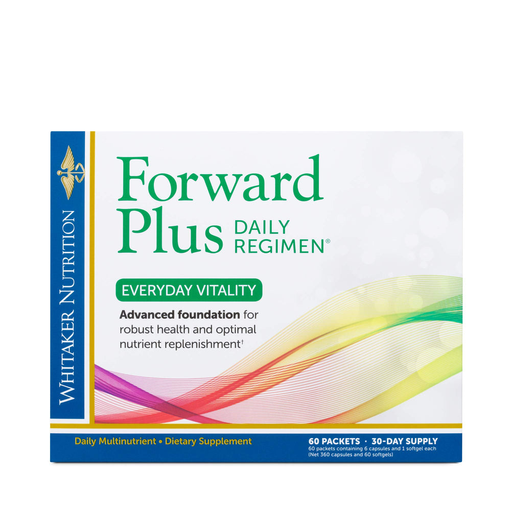 DR. WHITAKER Forward Plus Daily Regimen bottle offers daily energy support and overall wellness.