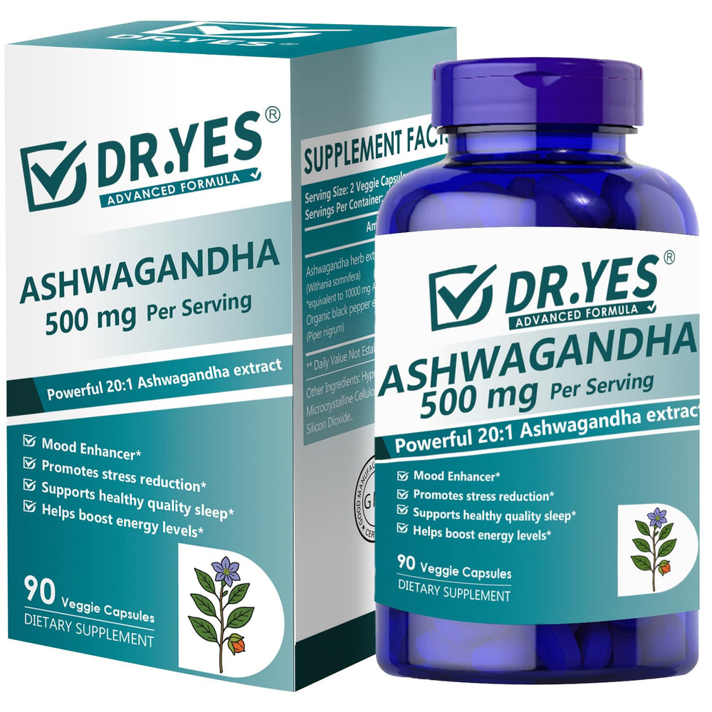 DR YES Ashwagandha capsules bottle shows 500mg strength for daily stress support.
