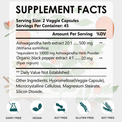 DR YES Ashwagandha capsules serving size label highlights convenient daily dose.