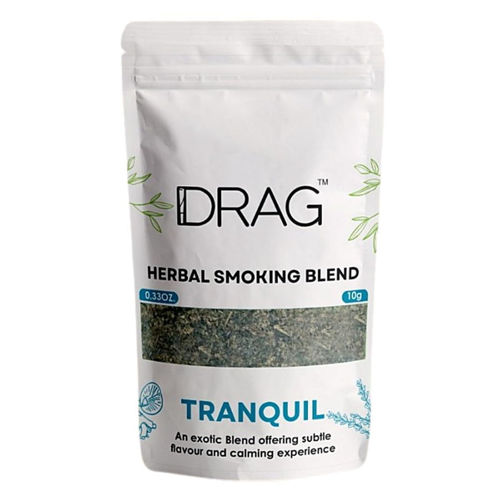 Drag Herbal Smoking Blend Tranquil pack showing premium Himalayan herbs for a smooth aroma.