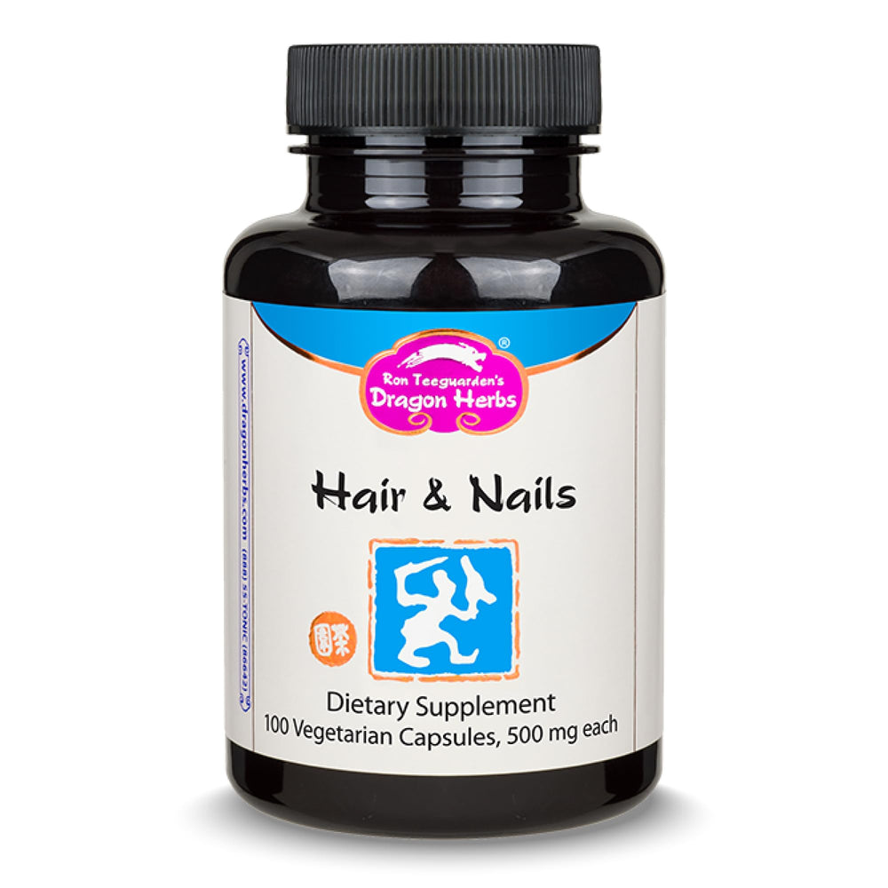 Dragon Herbs Hair and Nails bottle shows a natural, nourishing supplement for hair and nails.