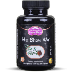 Dragon Herbs He Shou Wu bottle with capsules for daily energy support.