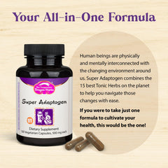 Dragon Herbs Super Adaptogen ingredients panel shows 16 tonic herbs.