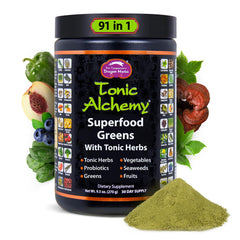 Dragon Herbs Tonic Alchemy greens powder jar with scoop for daily energy and nutrition