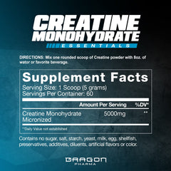Dragon Pharma Creatine Monohydrate bottle label highlighting purity and servings.