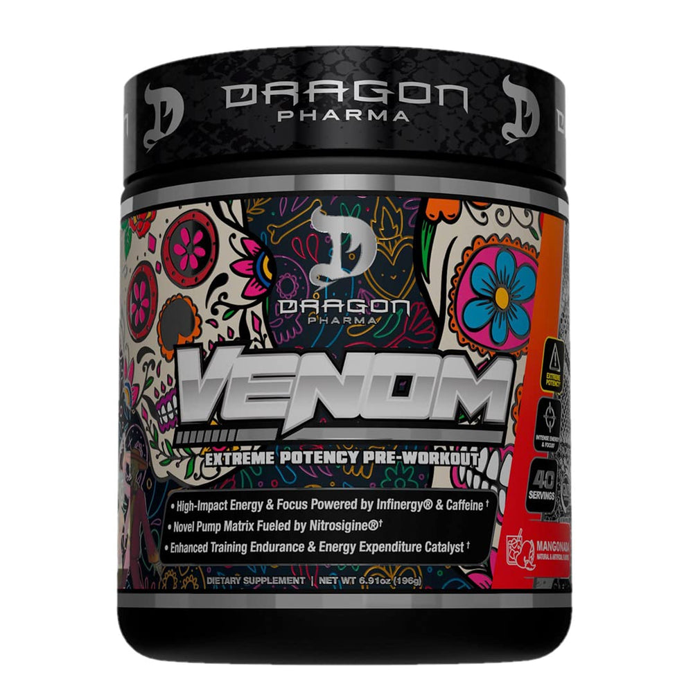 DRAGON PHARMA Venom Extreme tub front view with Mangonada flavor for powerful workouts.