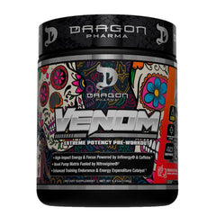 DRAGON PHARMA Venom Extreme tub front view with Mangonada flavor for powerful workouts.