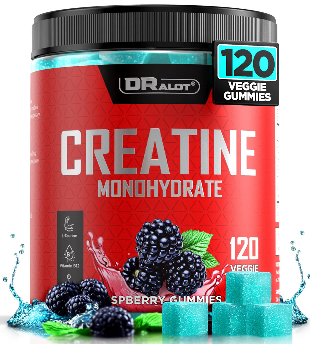 Dralot Creatine Gummies bottle showing 5000mg strength for on-the-go workouts