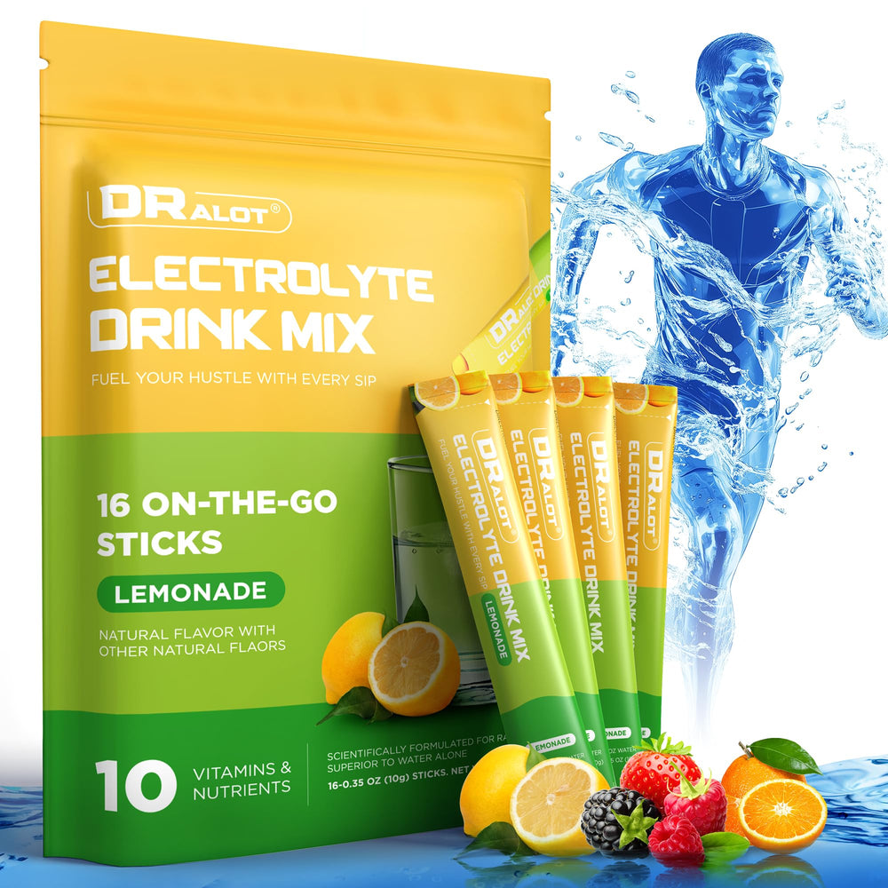 Dralot Juicy Splash lemon electrolyte packet close-up for refreshing hydration on the go.