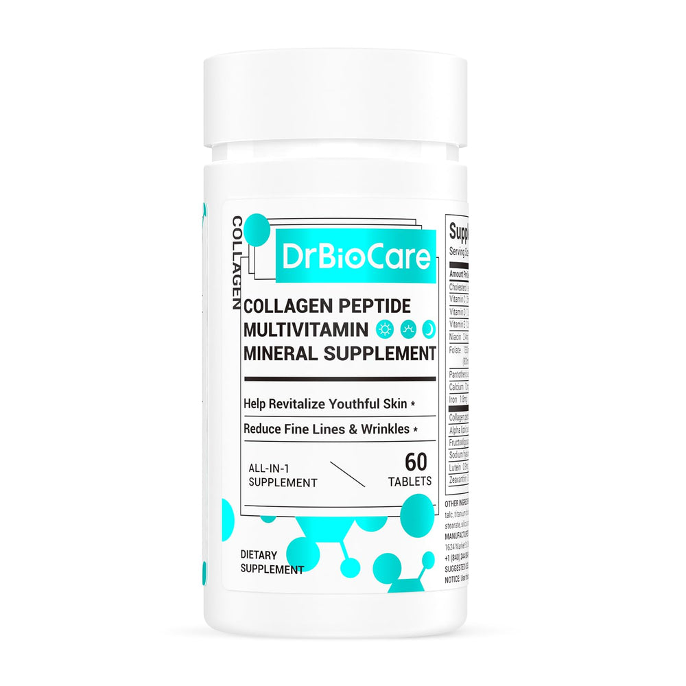 DrBioCare Collagen Peptides bottle close-up highlighting skin hydration and elasticity.