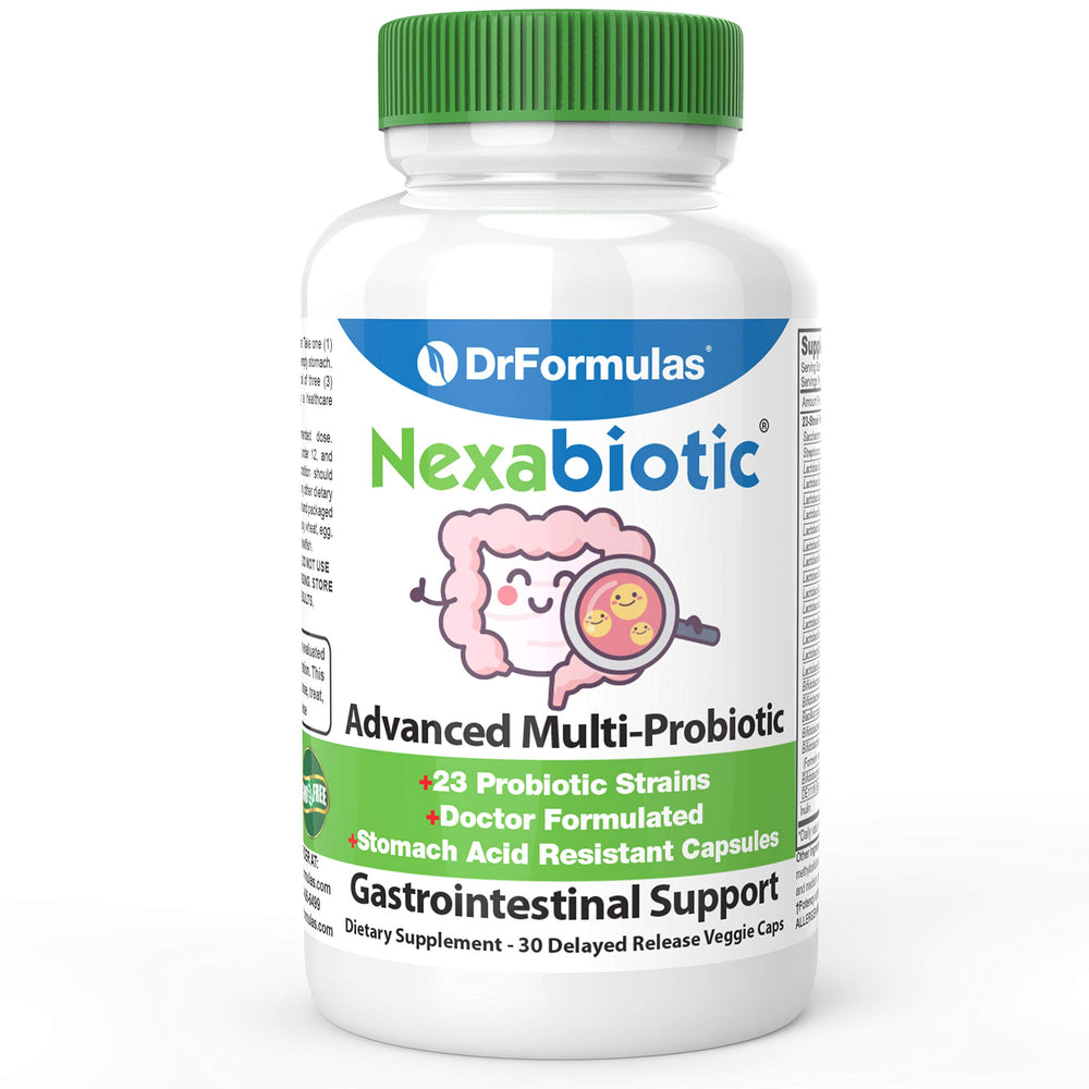 DrFormulas Nexabiotic 23 bottle and label showing probiotic blend for gut balance.