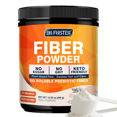 DRFOSTER prebiotic fiber powder bottle showing 70 servings for daily use