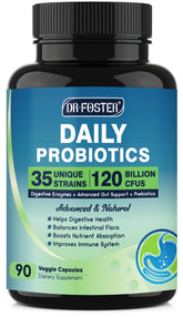DRFOSTER Probiotics bottle front promotes daily gut health support.