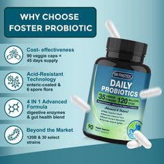DRFOSTER Probiotics capsules closeup shows enteric-coated design for targeted release.