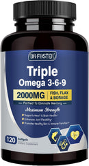 DRFOSTER Triple Omega bottle front highlighting the balanced fatty acids blend for daily wellness