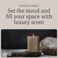 Drift teak scented candle releases clean fragrance oils.