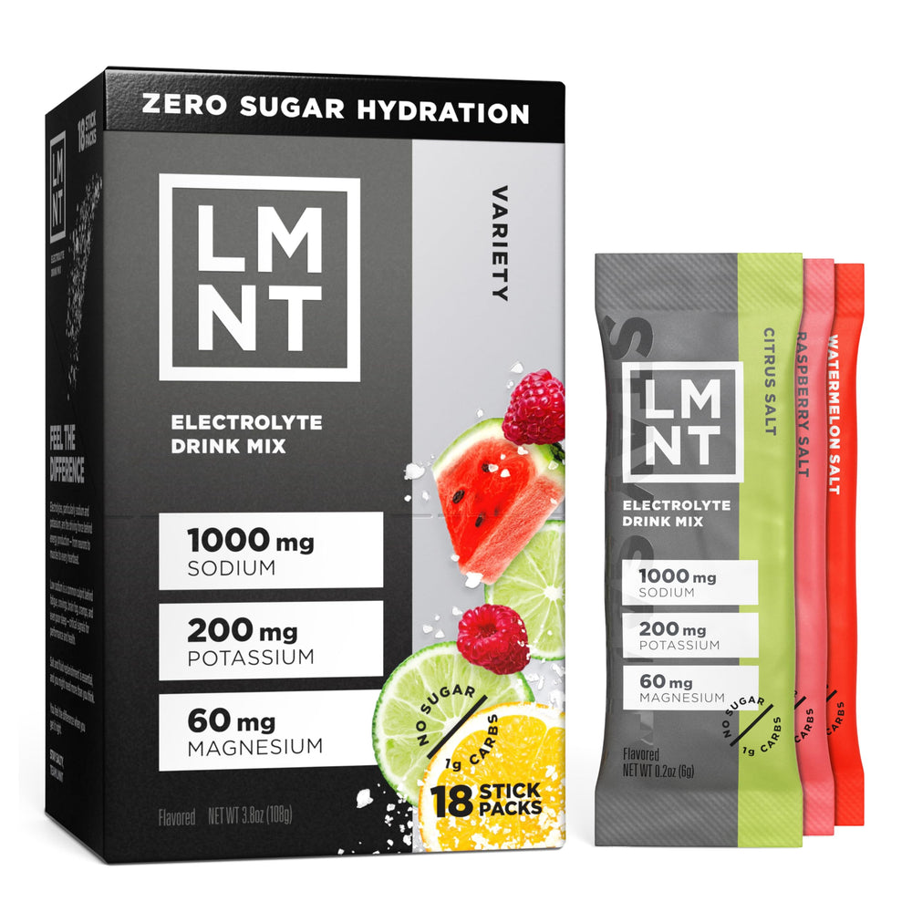 Drink LMNT Variety Pack box-front showing a sugar-free electrolyte option for active days