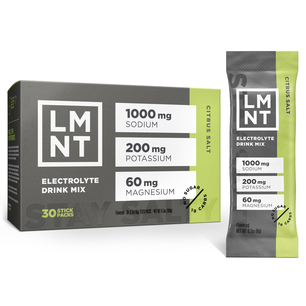 Drink LMNT Citrus Salt bottle for on-the-go hydration with essential electrolytes.