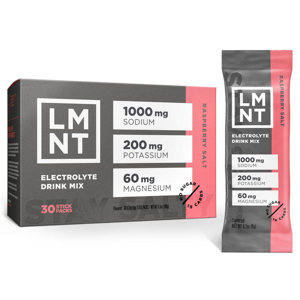 Drink LMNT Raspberry Salt stick-pack shown for convenient electrolyte recharge during workouts.