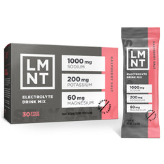 Drink LMNT Raspberry Salt stick-pack shown for convenient electrolyte recharge during workouts.
