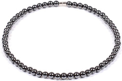 Drkao hematite necklace closeup of smooth 6mm beads for daily wear.