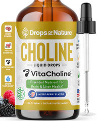 Drops Of Nature choline liquid bottle ready for daily brain support and vitality.