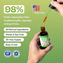 Drops Of Nature Green Tea Liquid Drops label highlights 50 percent EGCG and polyphenols