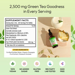 Drops Of Nature Green Tea Liquid Drops packaging box shows vegan, antioxidant-rich formula