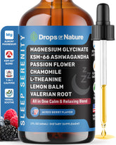 Drops Of Nature magnesium glycinate and ashwagandha drops bottle for nighttime calm.