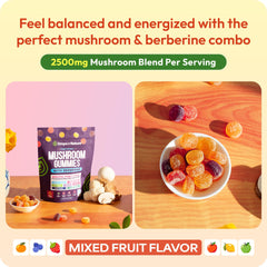 Drops Of Nature bottle label detail reveals seven-mushroom blend and berberine.