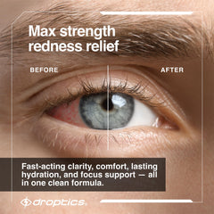 Close-up of Droptics dropper delivering cooling hydration to tired eyes