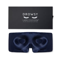 DROWSY eyelash-protecting silk sleep mask in midnight blue for gentle lash protection