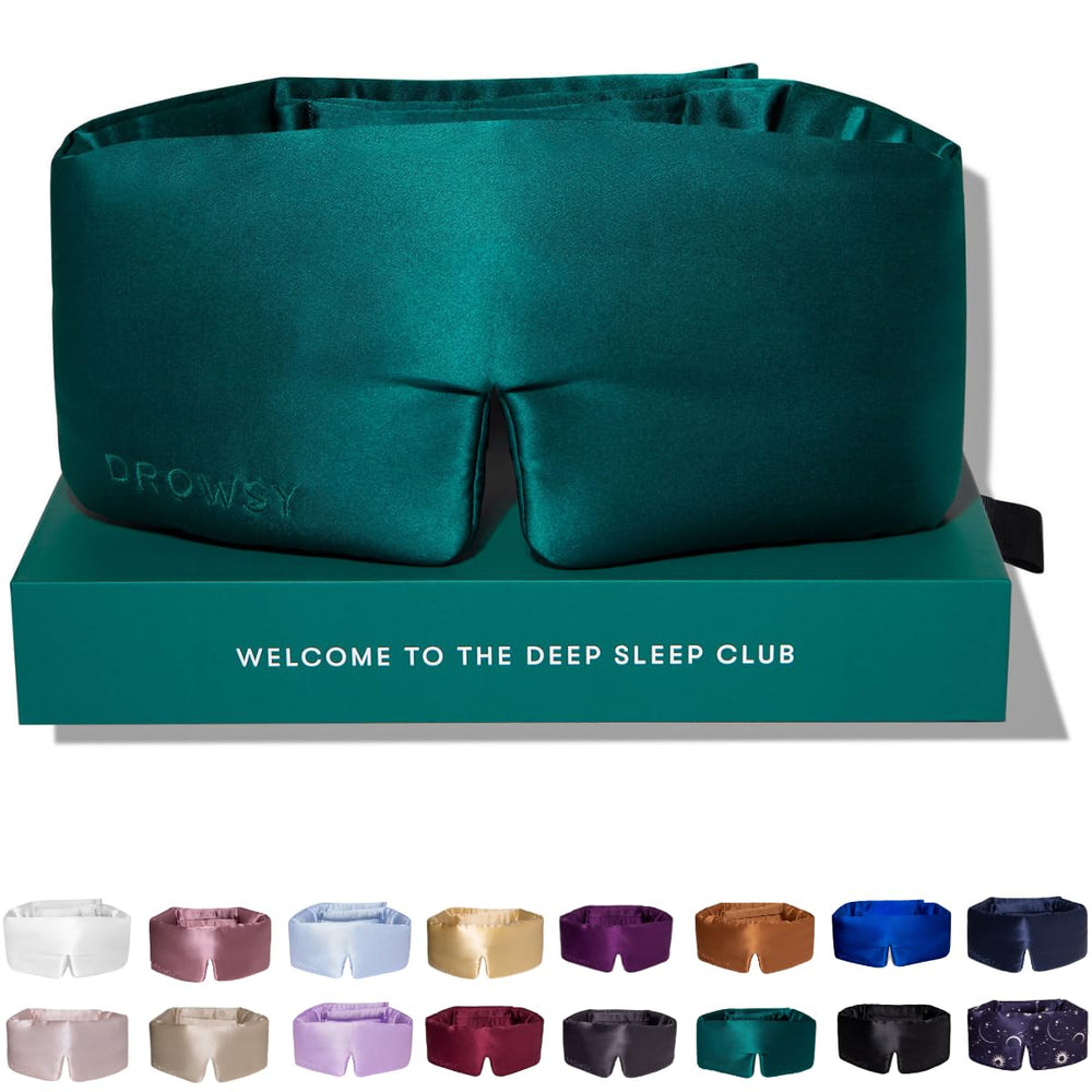 Drowsy silk sleep mask hugs the face for total darkness and luxurious comfort.