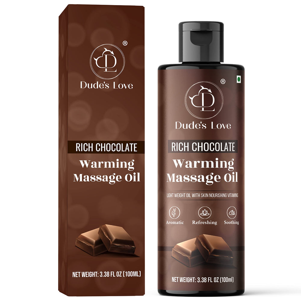 Dude's Love Chocolate warming massage oil bottle with rich moisture for soft skin.