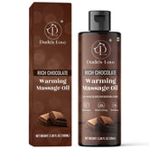 Dude's Love Chocolate warming massage oil bottle with rich moisture for soft skin.