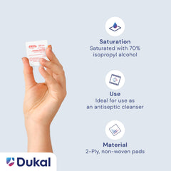 Dukal 70% isopropyl alcohol pad for rapid surface cleaning on the go.